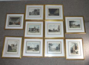 A collection of ten framed hand coloured collegiate Prints, after W. Westall and A. Pugin, including