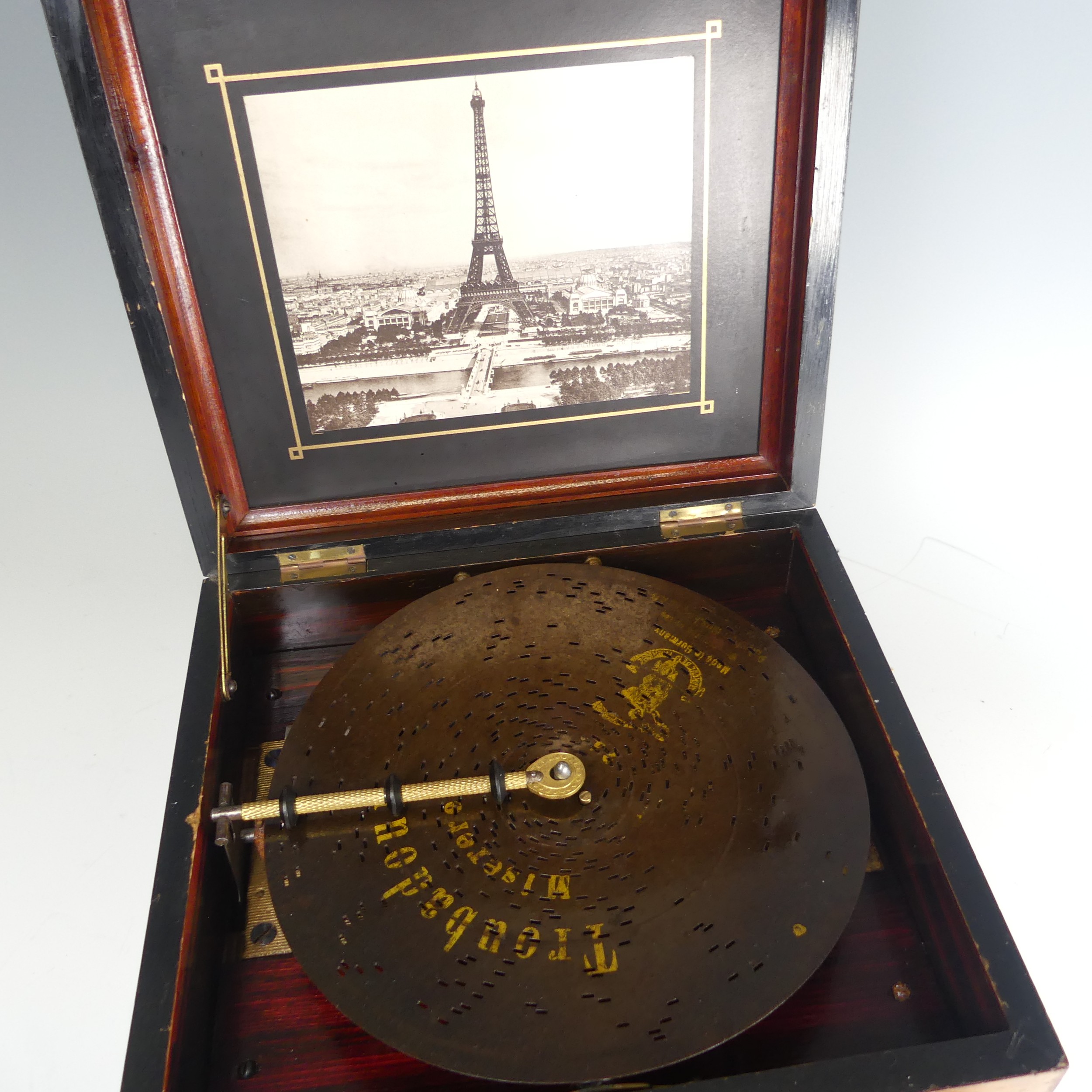A late 19th century walnut cased Polyphon, with decorative hinged lid, the inside lid with - Image 2 of 6