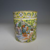 An antique Chinese porcelain famille jaune Pot and Cover, of cylindrical form, with central