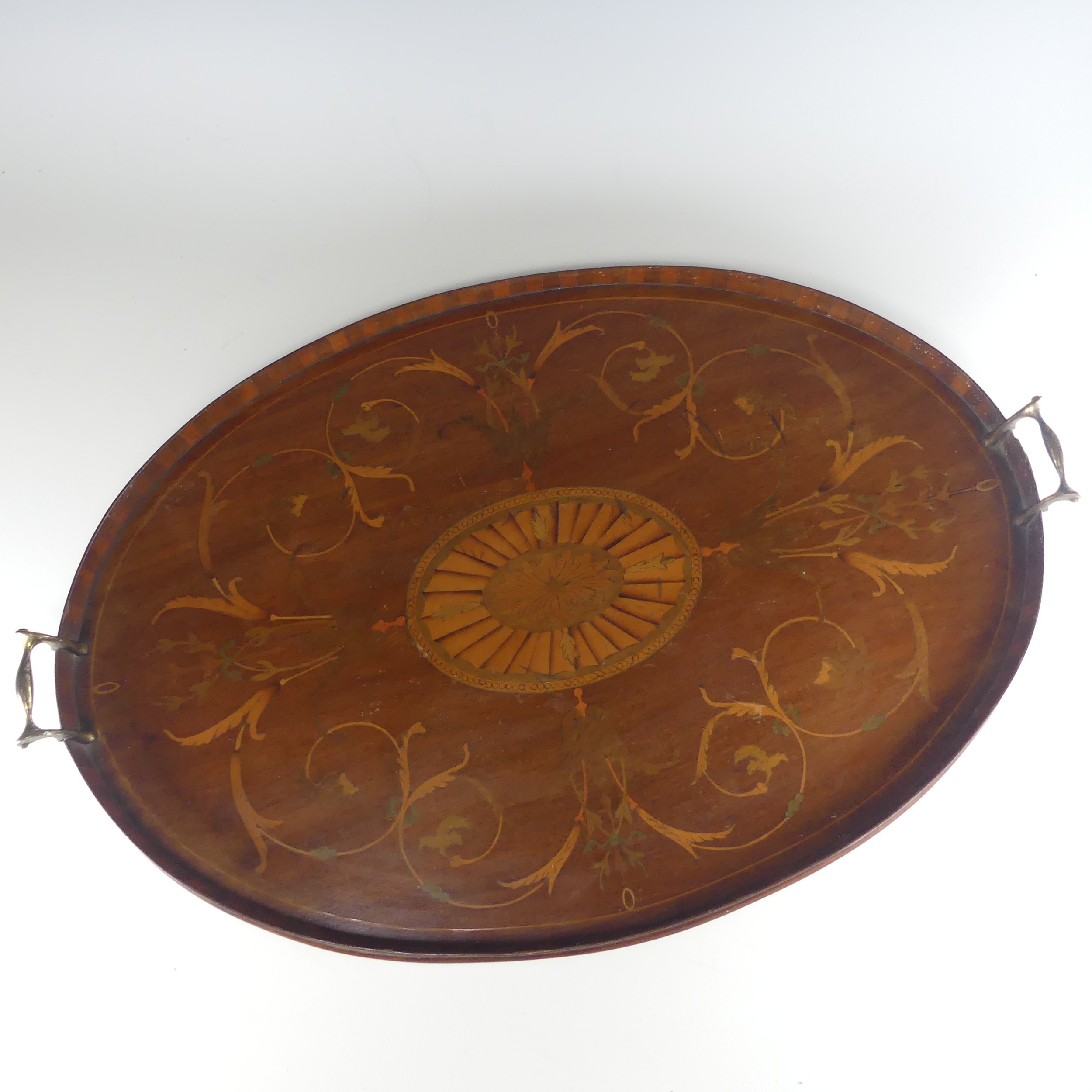 An Edwardian mahogany and marquetry galleried twin-handled Tray, the gallery of chequerboard boxwood - Image 4 of 26