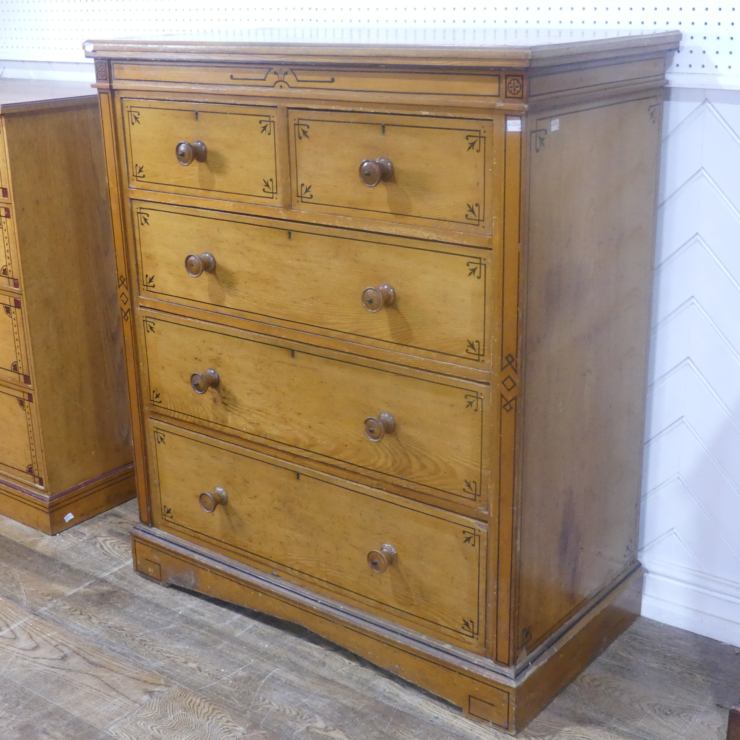 A large Aesthetic Movement pine and oak Chest of drawers, with black painted stringing and geometric - Image 2 of 7