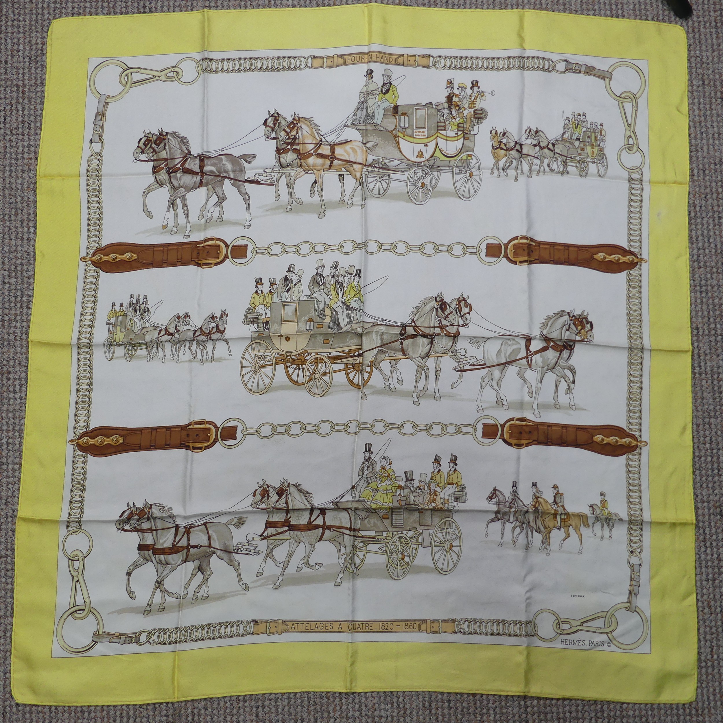 Two Hermès silk twill scarves: 'Four in Hand' or 'Attelages A Quatres', cream ground with yellow - Image 4 of 5