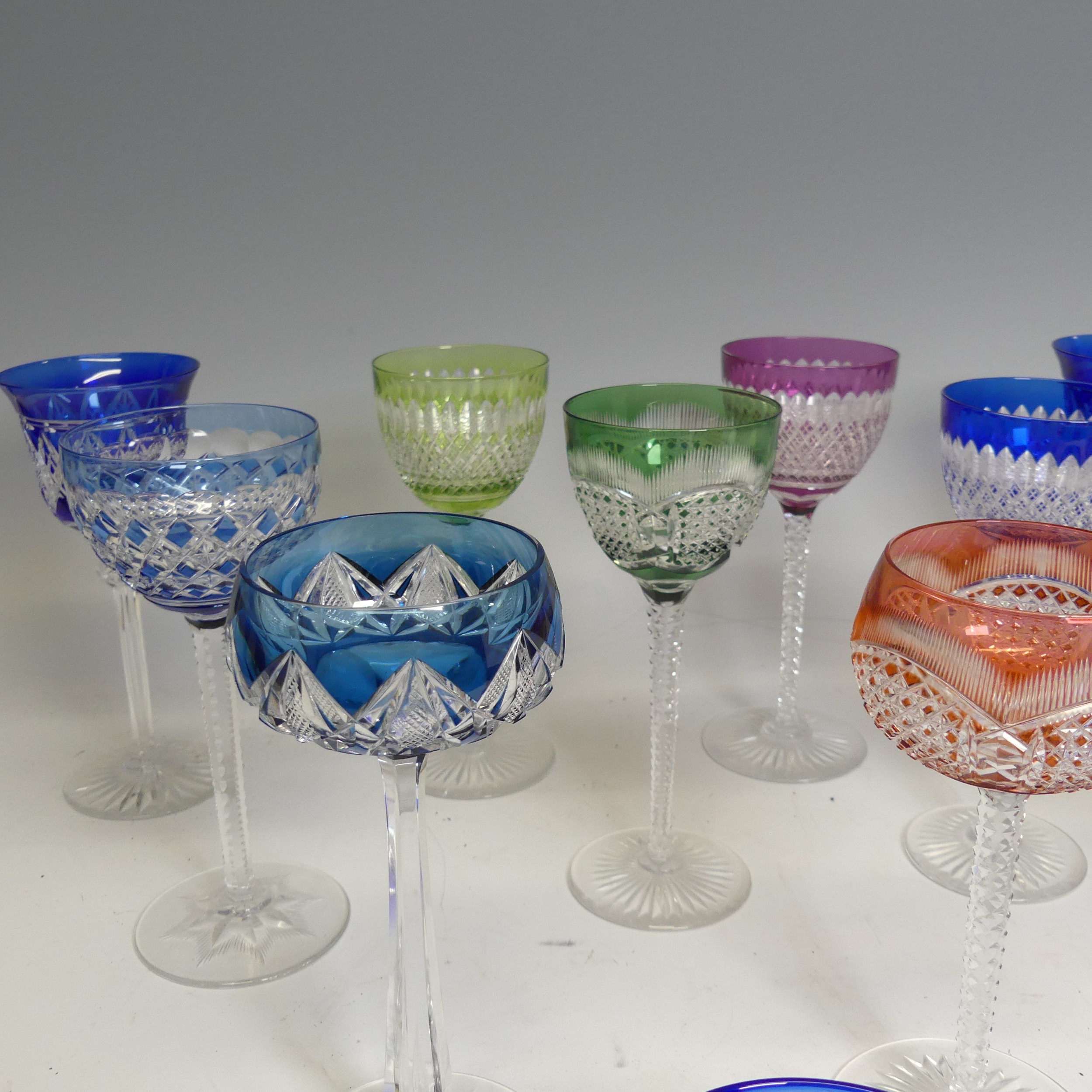 A quantity of mid 20th century circa 1950s coloured bohemian cut hock Glasses, to include the - Image 2 of 4