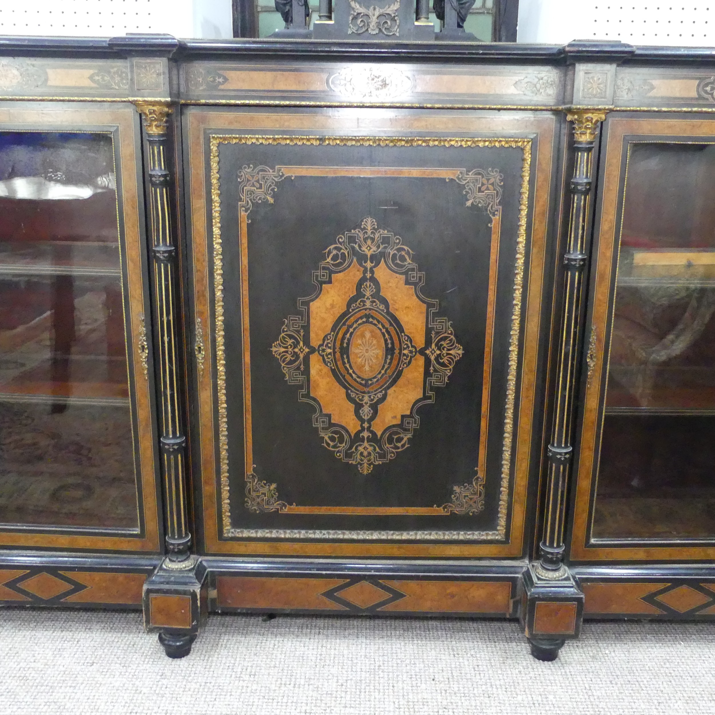 A good Victorian ebonised, marquetry and walnut banded breakfront Credenza, shaped top above - Image 12 of 12