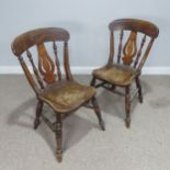 A pair of antique stained splat back Kitchen Chairs, W 48 cm x H 84 cm x D 52 cm.