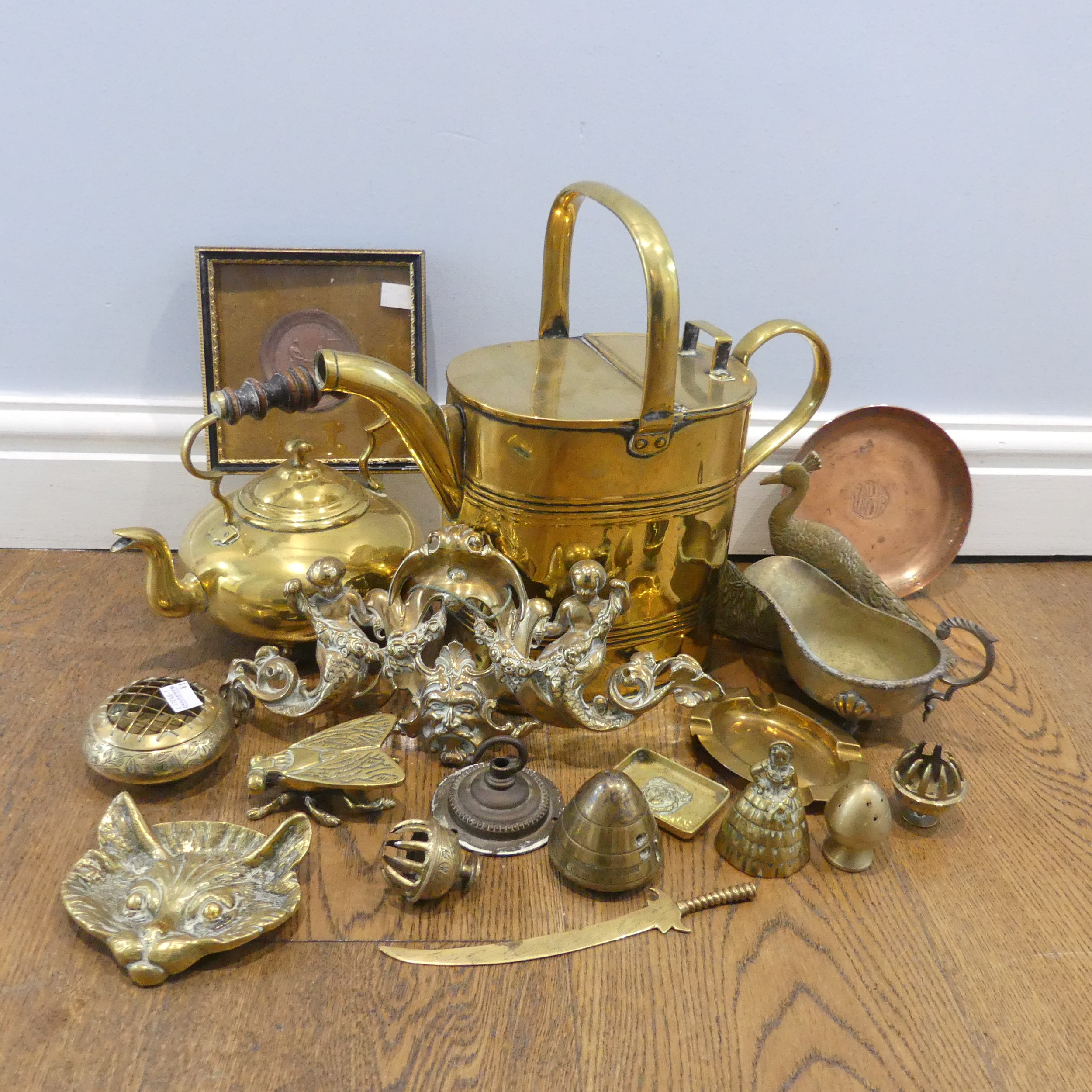 A Victorian brass watering Can, base stamped 'JS&SB', W 36 cm x H 32.5 cm x D 16 cm, together with a