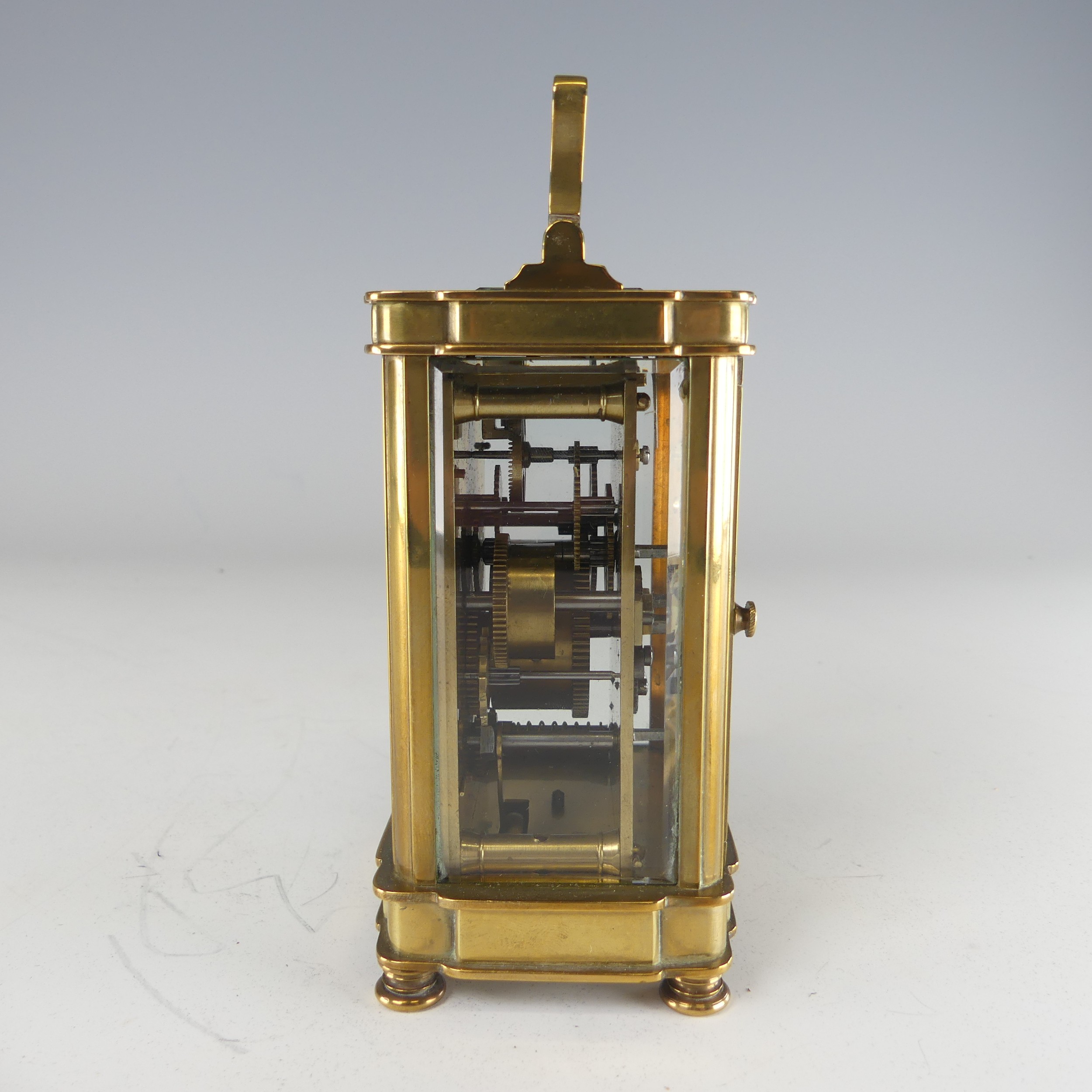 A 20th century French alarm carriage Clock, enamelled white dial with Roman numerals and - Image 5 of 9