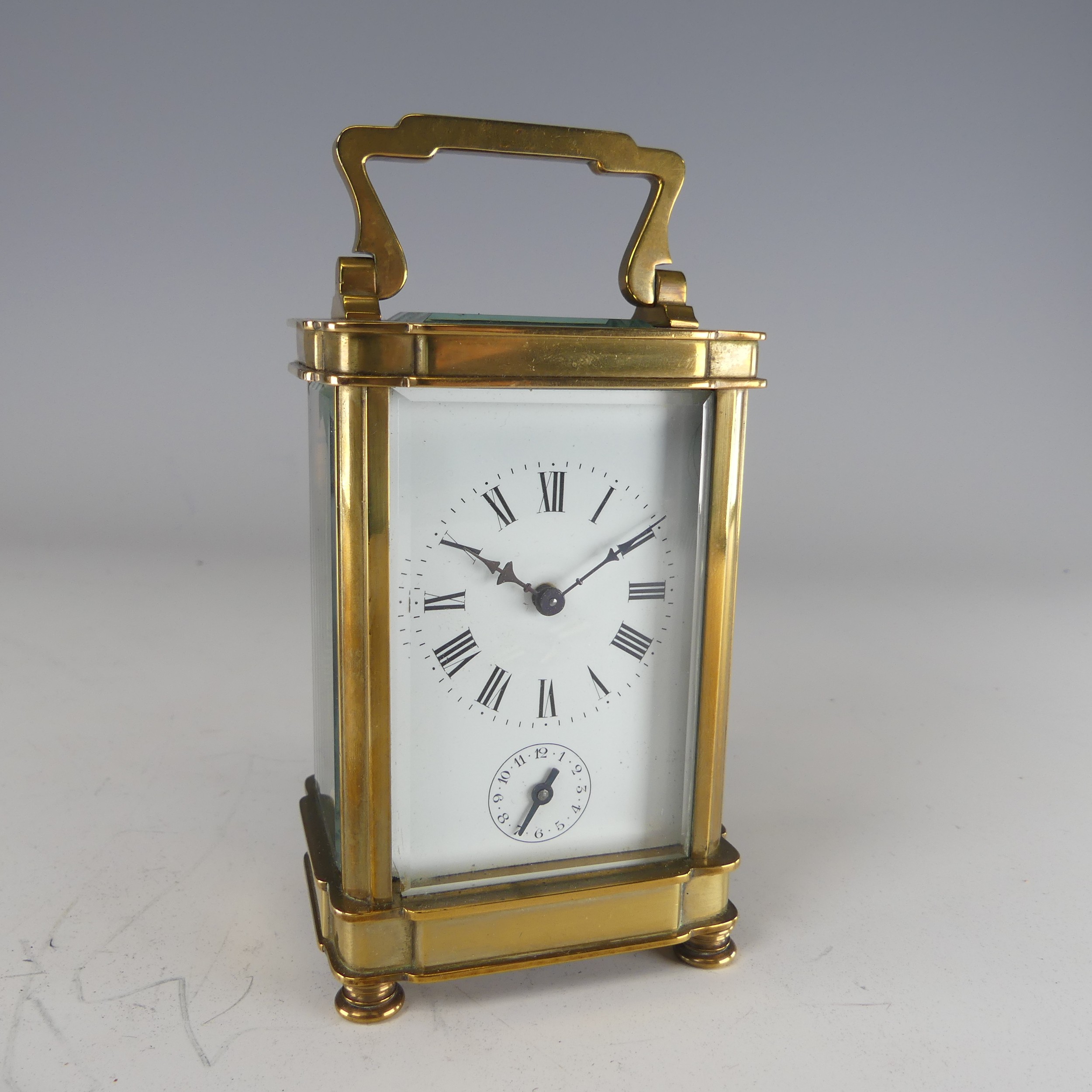 A 20th century French alarm carriage Clock, enamelled white dial with Roman numerals and - Image 2 of 9