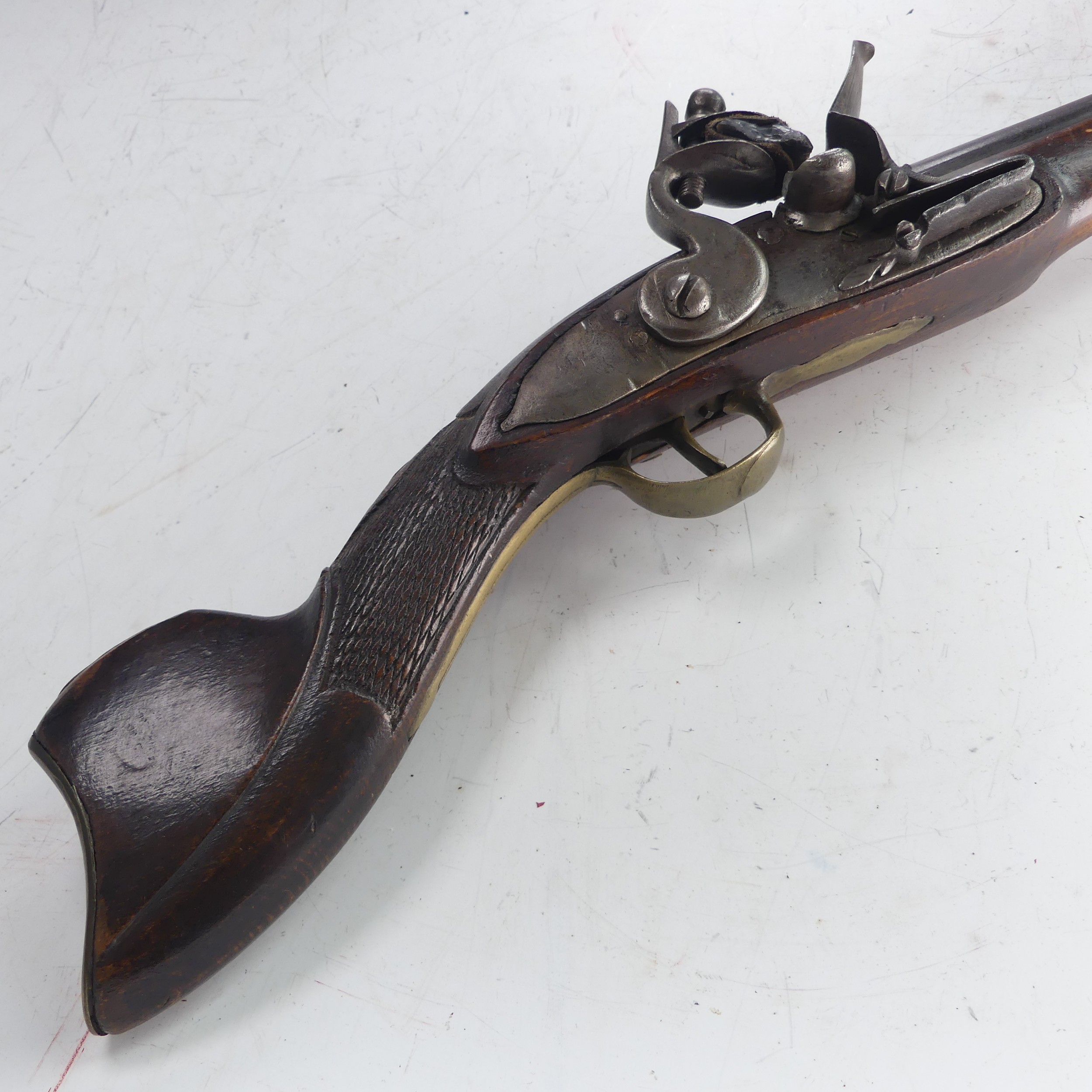 A 19th century flintlock 'knee' Blunderbuss, 11 inch engraved steel barrel flared to the muzzle, - Image 7 of 12