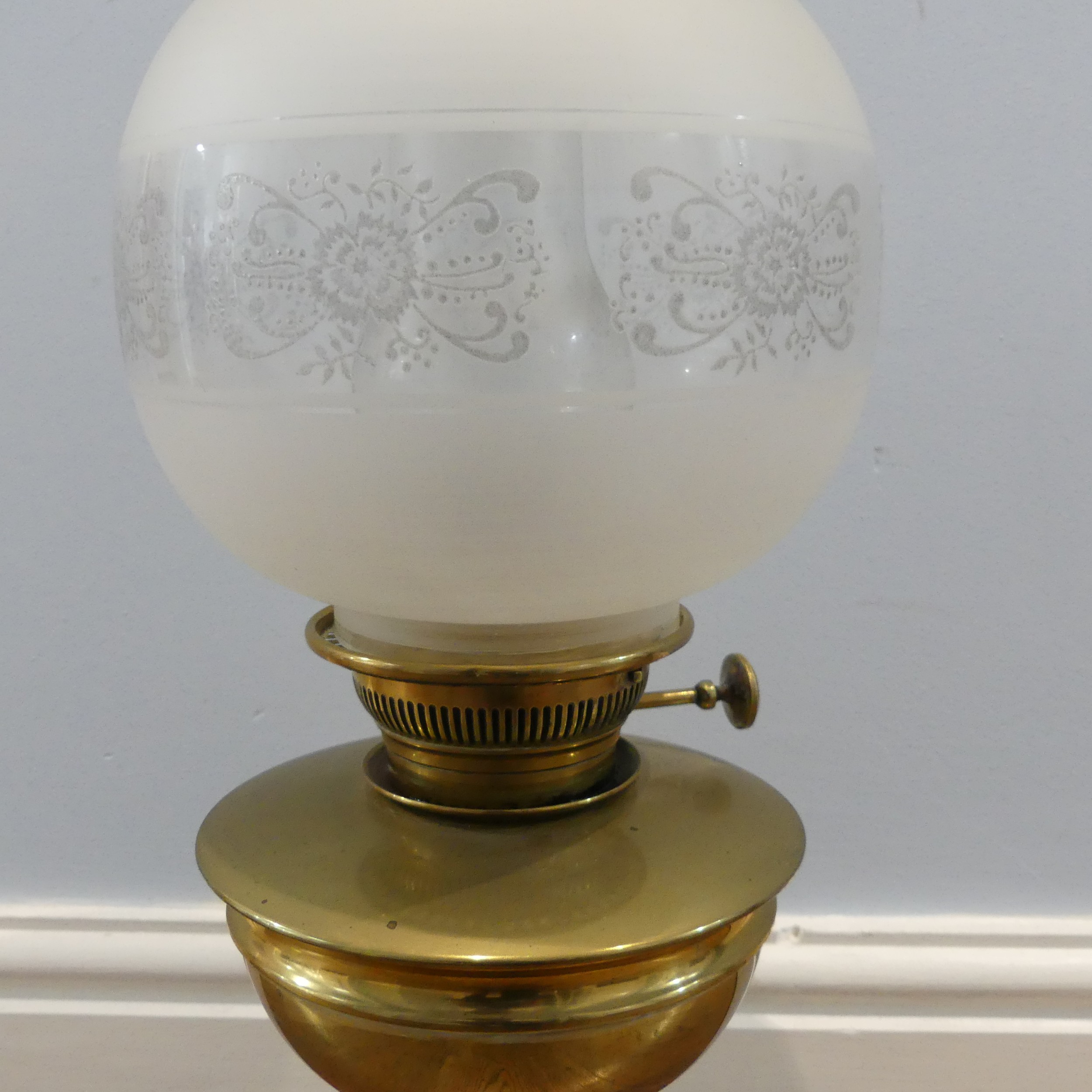 A Victorian brass Oil Lamp, stamped 'King & co, Hinks Hull', with etched glass shade and funnel, H - Image 3 of 4