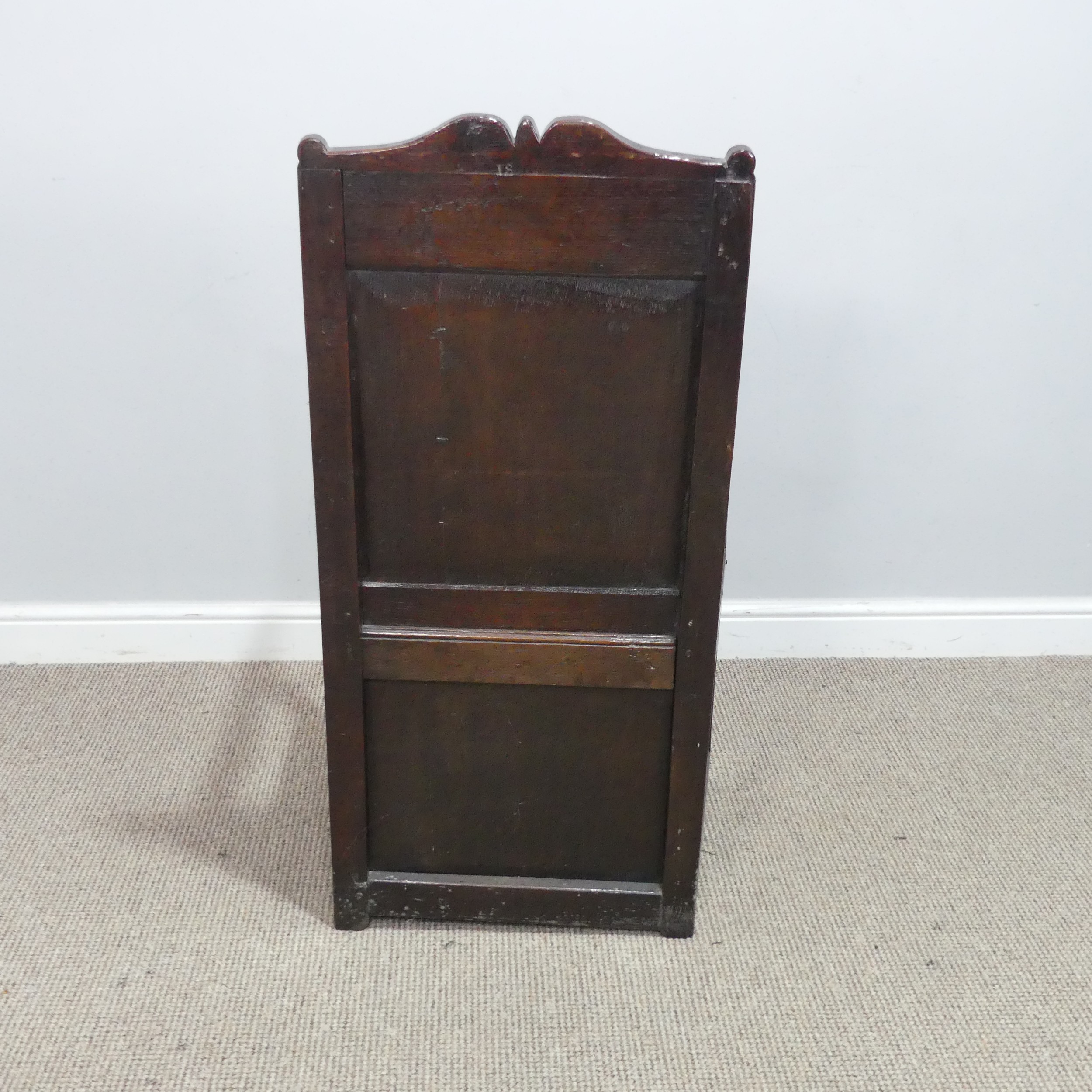 An antique probably 17th century oak wainscot box seat Armchair, carved backrest flanked by scrolled - Image 8 of 11