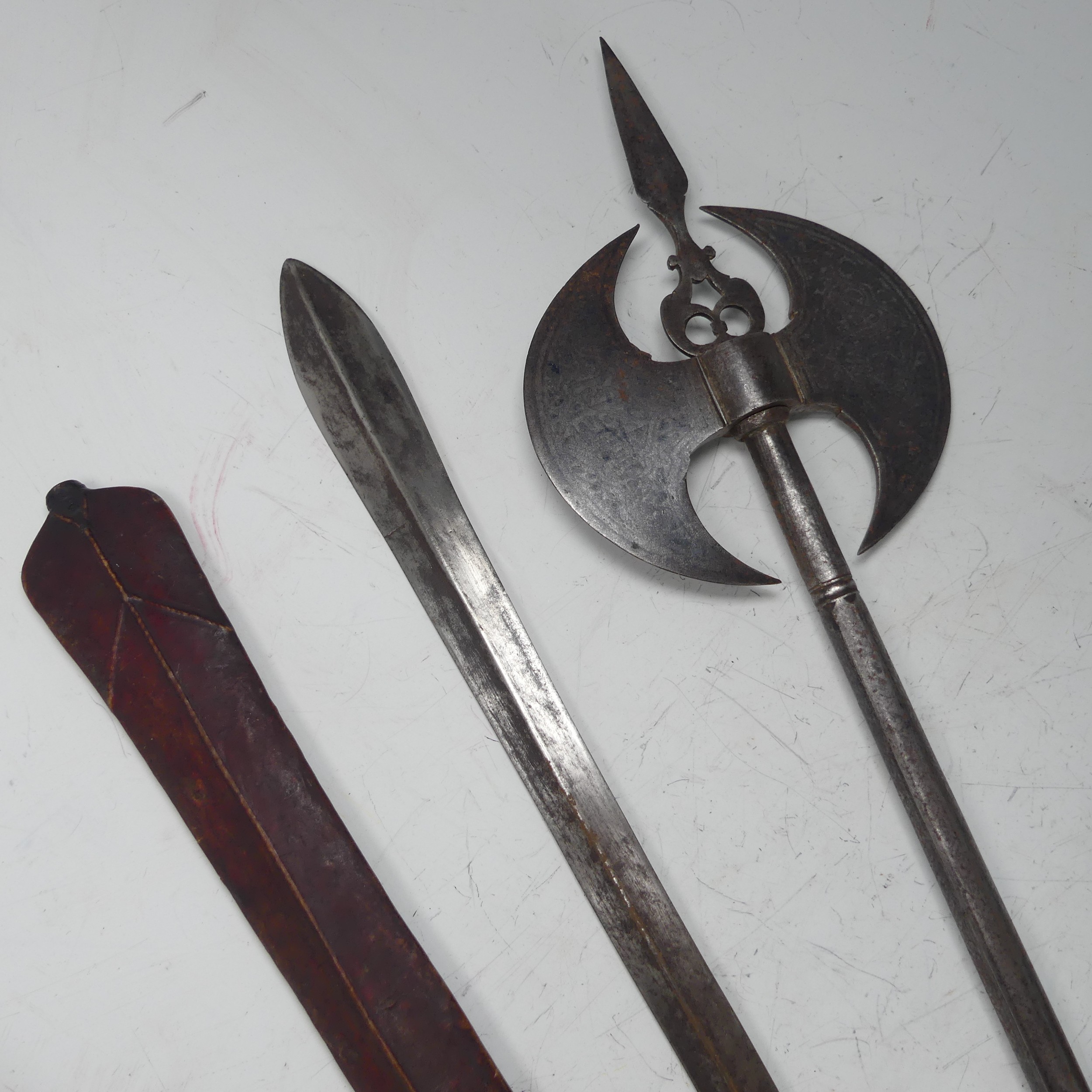 A small Persian Qajar Dynasty double headed steel Axe, heads etched, L 66 cm, together with an - Image 3 of 8