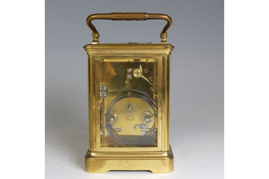 A French repeater carriage clock striking on a gong, the movement back plate stamped Patent Surety - Image 3 of 4