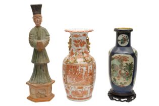 TWO CHINESE VASES AND A LARGE POTTERY FIGURE