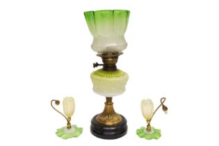 A PAIR OF OPALESCENT GLASS LILY EPERGNE AFTER JOHN WALSH AND A VICTORIAN OIL LAMP