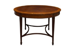 AN INLAID EDWARDIAN SHERATON REVIVAL SATINWOOD AND MAHOGANY OVAL OCCASIONAL TABLE