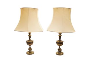 A PAIR OF AGED BRASS TABLE LAMPS, 20TH CENTURY