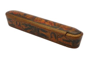 A QAJAR LACQUERED PAPIER-MÂCHÉ PEN CASE (QALAMDAN) WITH WESTERN BEAUTIES AND LANDSCAPES Iran, mid to