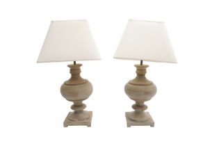 A PAIR OF SUBSTANTIAL WOODEN TABLE LAMPS