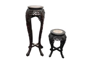 TWO CHINESE WOOD MARBLE-INSET JARDINIERE STANDS