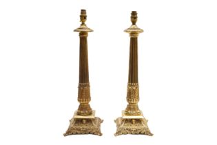 A PAIR OF BRASS DORIC COLUMN TABLE LAMPS