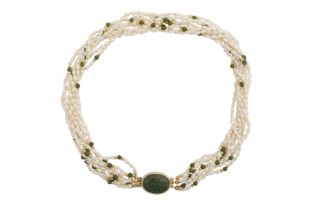 A KESHI PEARL AND NEPHRITE SILVER NECKLACE