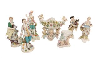A GROUP OF DRESDEN STYLE PORCELAIN FIGURINES, IN THE 18TH CENTURY TASTE