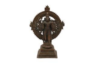 A 19TH CENTURY INDIAN BRONZE MULTIARMED SHIVA IN THE TANDAVA CIRCLE OF FIRE