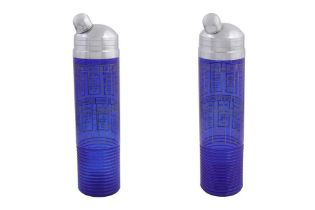 A PAIR OF ART DECO COBALT GLASS RECIPE COCKTAIL SHAKERS