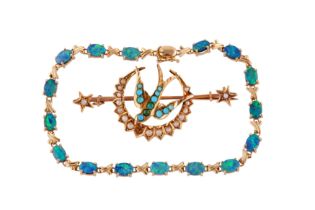 A 15CT GOLD BROOCH TOGETHER WITH AN AND AN OPAL-DOUBLET BRACELET