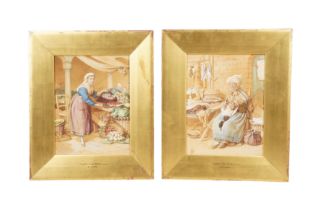 A PAIR OF GILT-FRAMED WATERCOLOURS, BOTH DEPICTING MARKET TRADERS