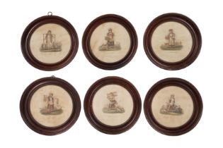 A SET OF SIX EARLY 19TH CENTURY ROUND PRINTS IN MAHOGANY FRAMES