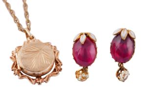 A PAIR OF SYNTHETIC RUBY EARRINGS TOGETHER WITH A LOCKET NECKLACE