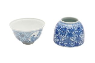 A CHINESE BLUE AND WHITE WATER POT AND A BOWL