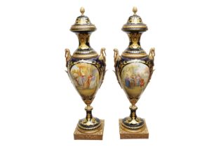 A PAIR OF VERY LARGE SEVRES STYLE PORCELAIN VASES AND COVERS, LATE 20TH CENTURY