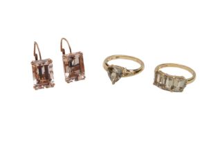 TWO GEM-SET RINGS AND A PAIR OF EARRINGS