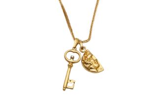 18CT GOLD CHAIN WITH KEY PENDANT AND ROMAN DESIGN CHARM PENDANT