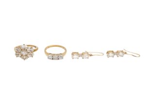 TWO GEM-SET RINGS AND A PAIR OF EARRINGS