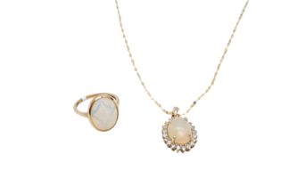 A WHITE OPAL PENDANT NECKLACE AND A RING