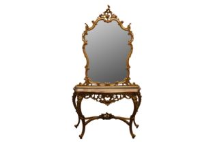 A CONTINENTAL ROCOCO STYLE GILTWOOD CONSOLE TABLE AND MIRROR, 20TH CENTURY