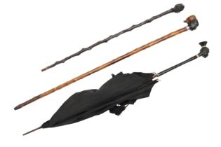 TWO WALKING CANES AND AN UMBRELLA WITH CARVED EBONY HEADS, EARLY 20TH CENTURY