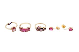 THREE GEM-SET RINGS AND A PAIR OF EARRINGS