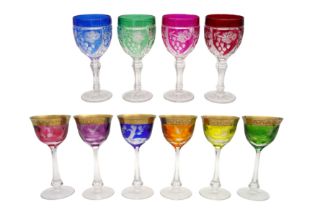 A SET OF SIX MOSER COLOURED CRYSTAL WINE GLASSES, 20TH CENTURY