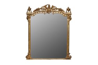 A LARGE EARLY 19TH CENTURY GILTWOOD OVERMANTEL MIRROR