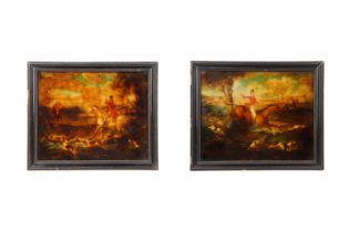 A PAIR OF 19TH CENTURY REVERSE GLASS PAINTED HUNTING SCENES