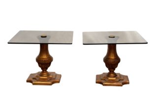 A PAIR OF GILTWOOD AND SMOKED GLASS SIDE TABLES