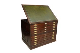 A MAHOGANY PLAN CHEST WITH A GREEN TOOLED LEATHER SKIVER, EARLY 20TH CENTURY
