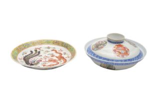 A CHINESE FAMILLE-ROSE DISH AND A BOWL AND COVER