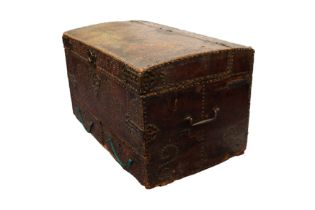 A LEATHER AND STUDDED DOME TOP MARRIAGE TRUNK, DATED 1700 TO THE LID