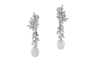 A PAIR OF CULTURED PEARL AND DIAMOND PENDENT EARRINGS